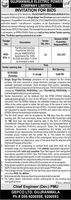 Gujranwala Electric Power Company Limited Tender Notice